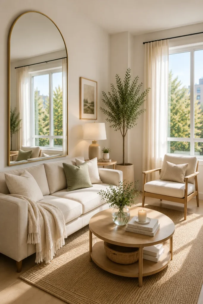 Large decorative mirror reflecting natural light to make a small living room feel larger