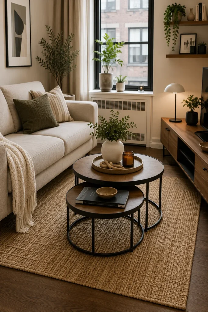 Modern nesting coffee tables in a compact living room with flexible space-saving layout