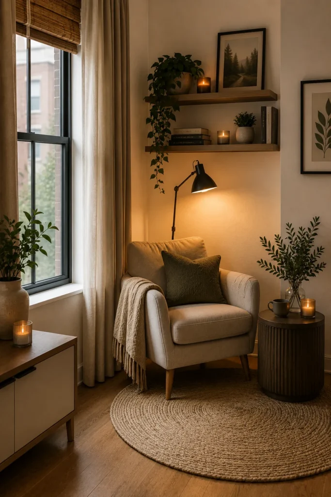 Cozy reading nook with accent chair, floor lamp, and side table in a compact living room