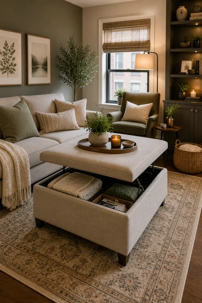 Storage ottoman coffee table with hidden compartment in a stylish small living room