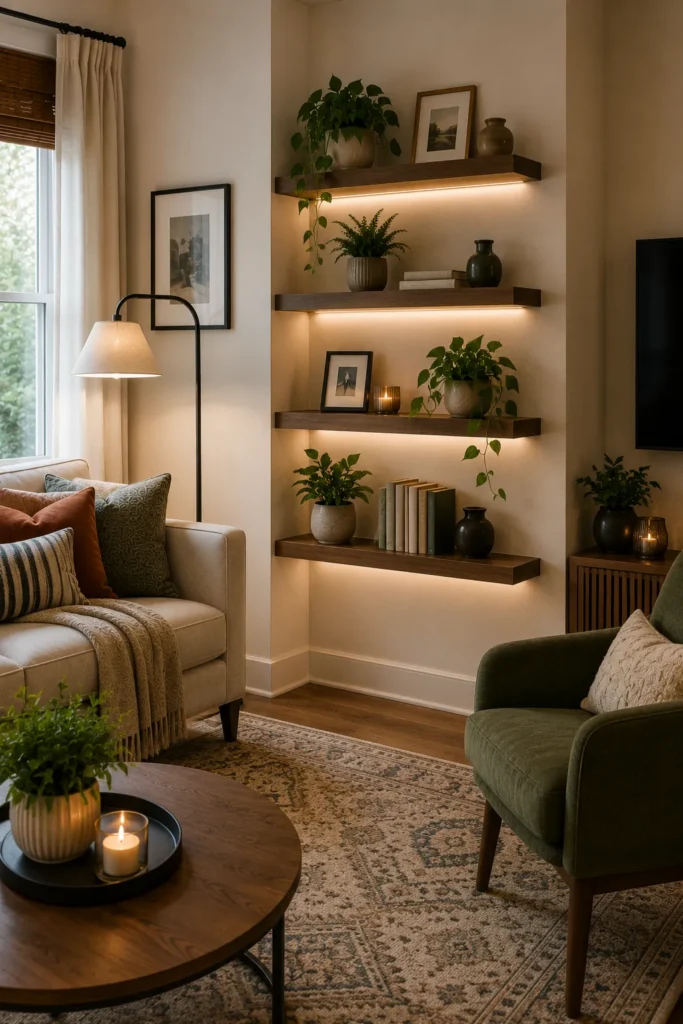Elegant statement accent wall with textured paneling creating visual interest in a small living room