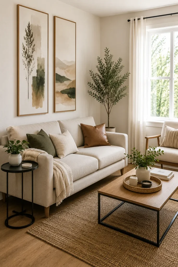 Tall vertical wall art drawing the eye upward in a small living room with low ceilings