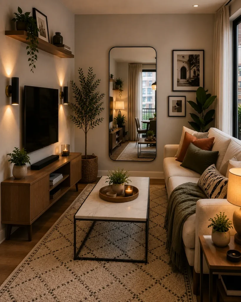 Modern wall-mounted sconces providing lighting in a small living room without using floor space