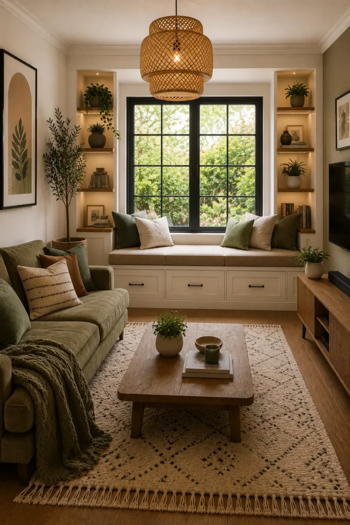 Built-in window bench seating with storage in a cozy and functional small living room