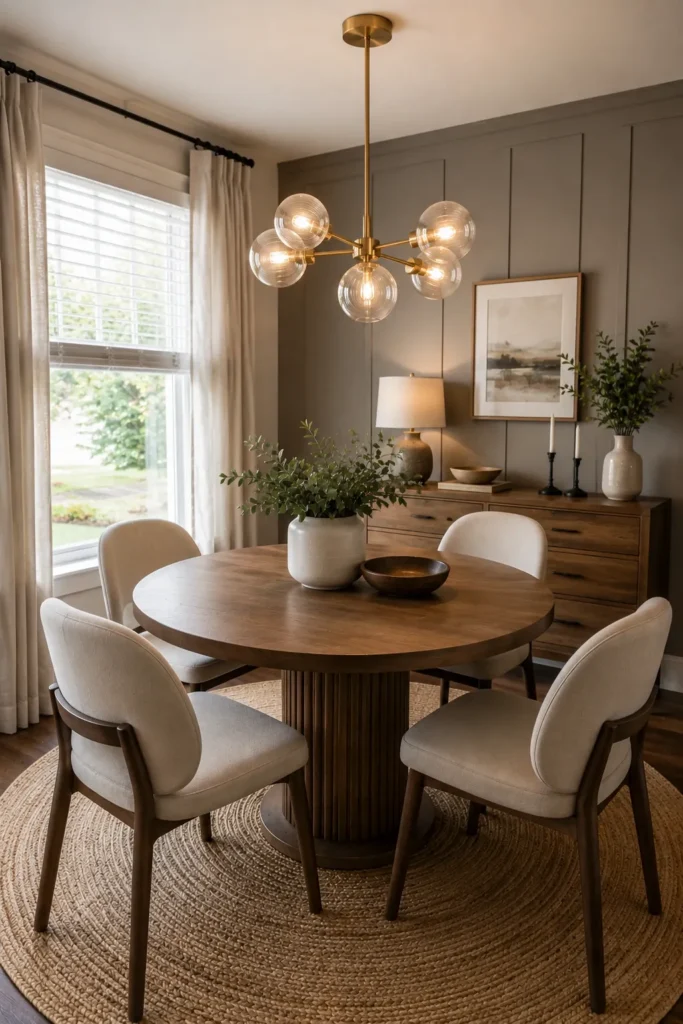 Small dining room with elegant round dining table and cozy seating designed to maximize space and improve flow