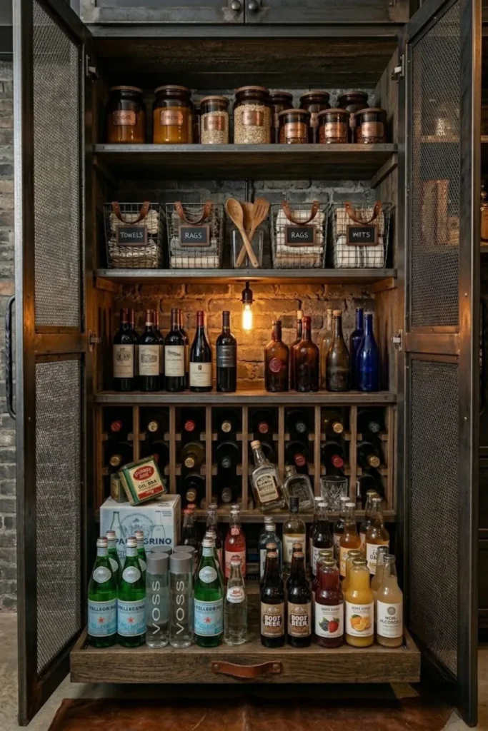 Small pantry with built-in wine rack storage keeping wine bottles organized and accessible.