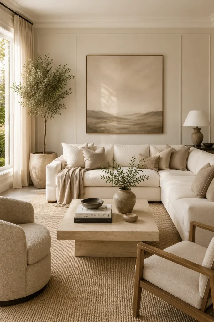 Soft neutral quiet luxury living room with warm beige tones, elegant furnishings, natural textures, and timeless sophisticated styling