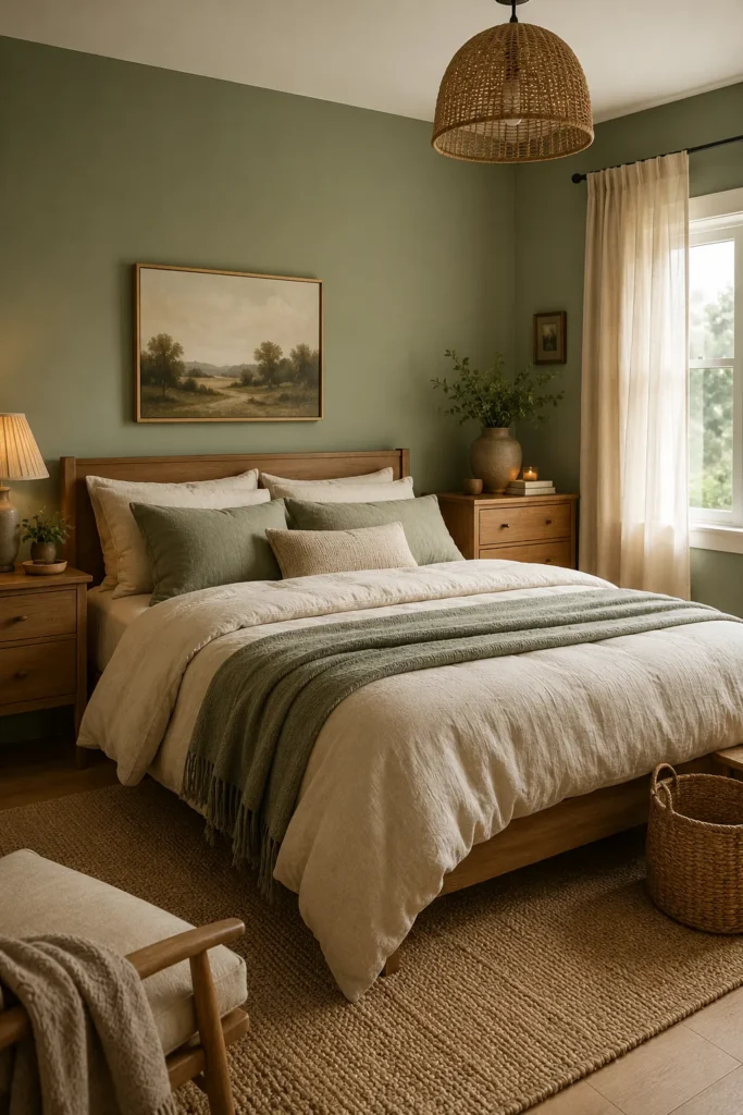 Soft sage green bedroom with warm wood furniture, neutral bedding, and cozy natural light creating a calm relaxing retreat