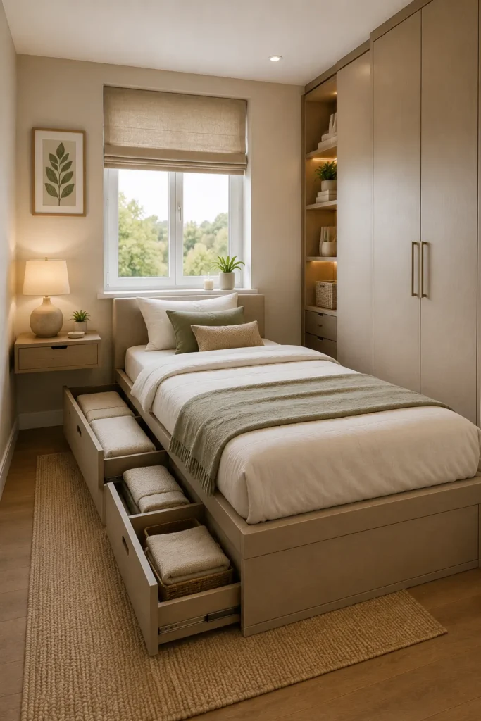 Compact box room featuring a storage bed with built-in drawers for maximizing bedroom organization and space