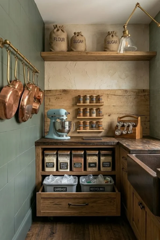 Pantry produce storage bins organizing potatoes, onions, and garlic while improving kitchen organization.