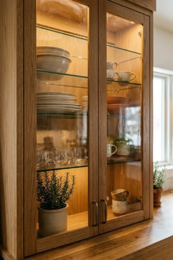 Cozy kitchen with glass-front cabinets displaying organized dishes and warm interior lighting for added charm.