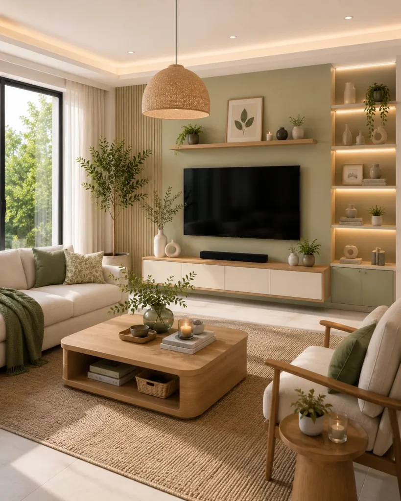 Symmetrical quiet luxury living room layout with balanced furniture placement, calming design, and elegant neutral tones