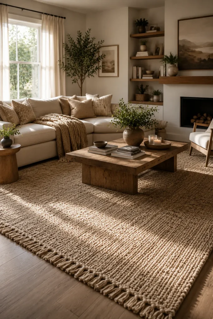 Modern cozy living room anchored by a large textured area rug and comfortable neutral seating