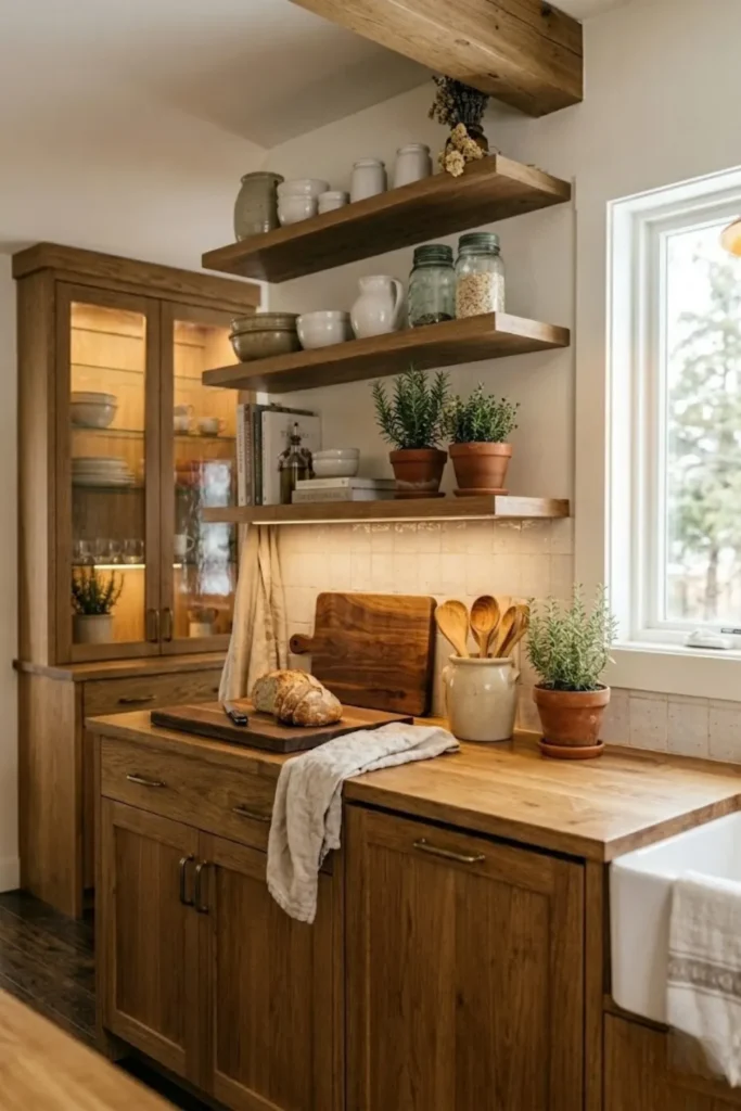 Cozy kitchen featuring textured stone backsplash, earthy finishes, and layered materials that add warmth and character.
