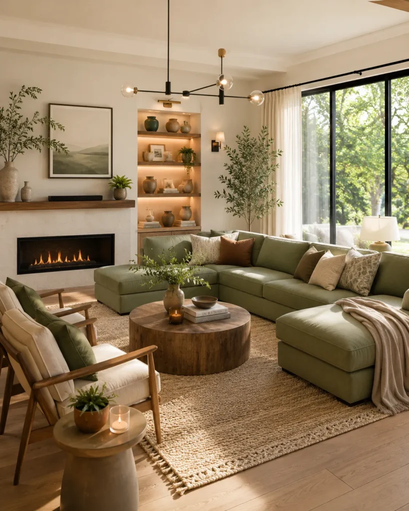 Timeless furniture shapes in a quiet luxury living room with curved seating, elegant proportions, and neutral styling
