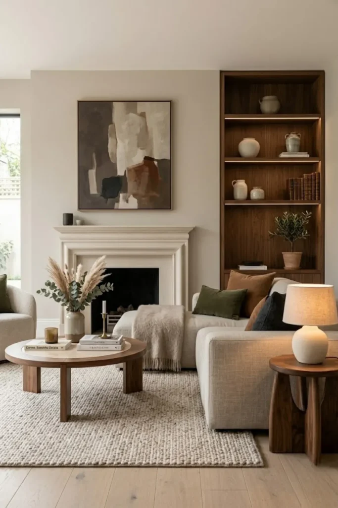 Timeless modern living room featuring neutral furnishings, quality materials, and elegant contemporary styling