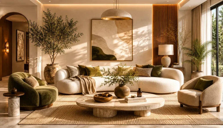 Timeless quiet luxury living room with elegant neutral styling, curved sofa, travertine coffee table, warm natural daylight, and sophisticated modern decor