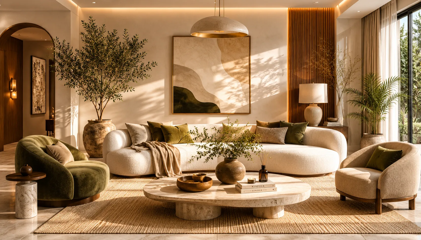 Timeless quiet luxury living room with elegant neutral styling, curved sofa, travertine coffee table, warm natural daylight, and sophisticated modern decor