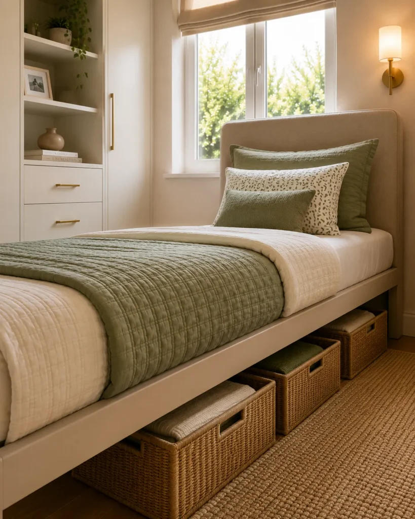 Organized under-bed storage baskets in a small box room providing extra space for clothes and household essentials