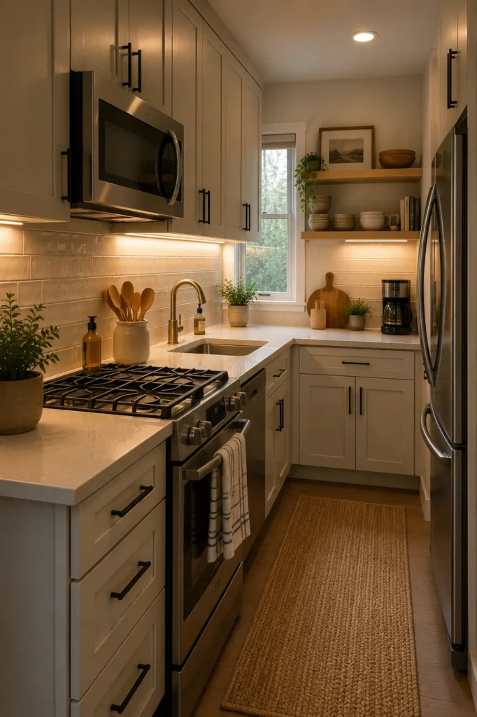 Small kitchen illuminated with warm under-cabinet lighting that brightens countertops and creates depth