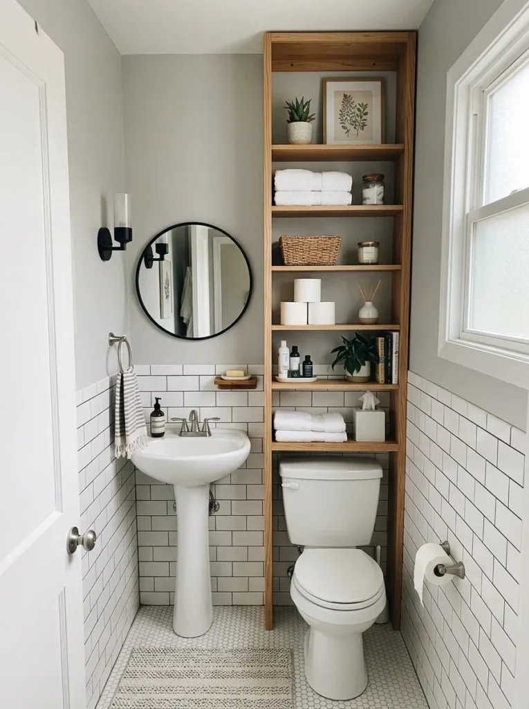 Compact bathroom with tall vertical storage shelves maximizing organization above limited floor space