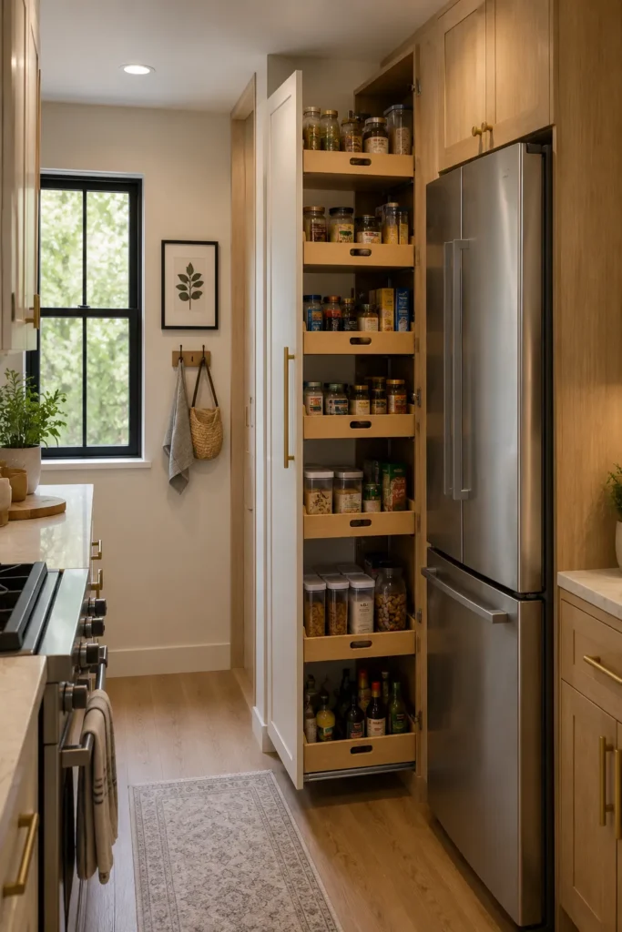Compact kitchen with tall floor-to-ceiling pantry storage maximizing vertical space for food and appliances