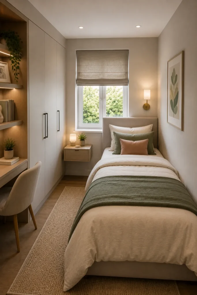 Small box room with tall vertical shelving that maximizes wall storage while keeping the floor area open