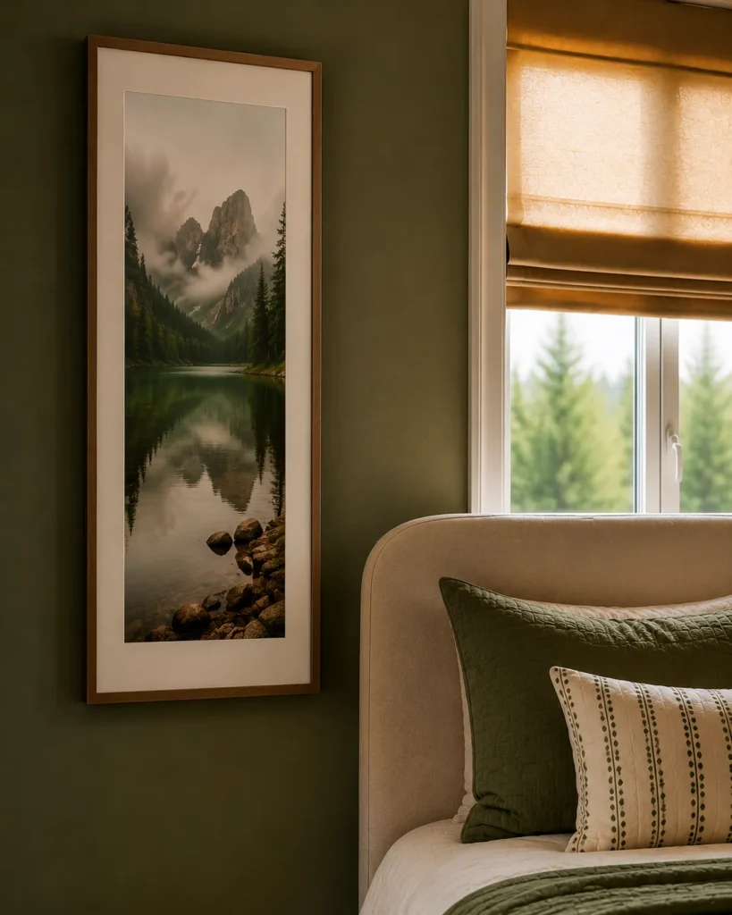 Small box room bedroom featuring striking vertical wall art that draws the eye upward and enhances ceiling height