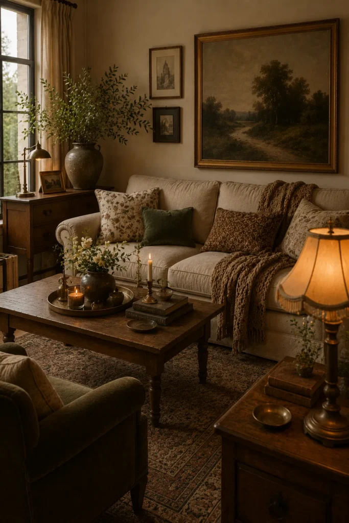 Vintage-inspired cozy living room with antique wood furniture, brass accents, and layered textiles