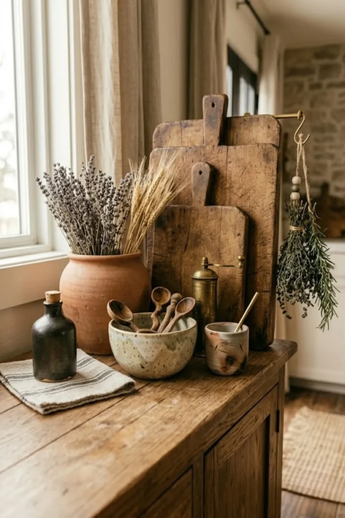 Cozy kitchen decorated with handmade ceramics, vintage cutting boards, and collected accents that add personality.