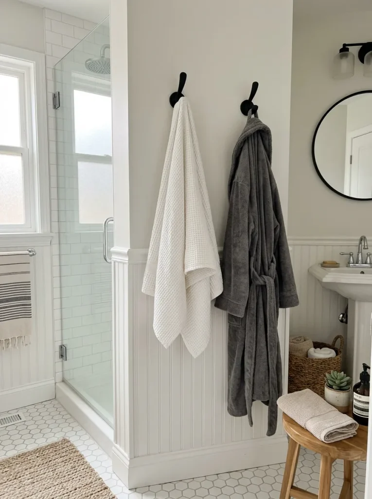 Small bathroom wall hooks for towels and robes keeping essentials organized without taking up space
