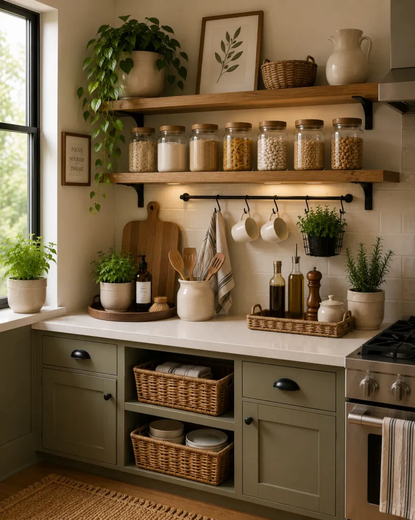 Small kitchen using wall hooks to store utensils and towels while freeing valuable drawer space