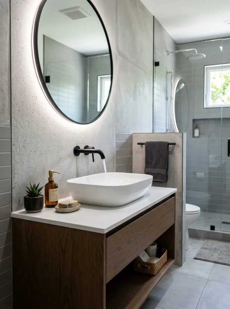 Modern bathroom with wall mounted faucet design creating extra counter space around a compact sink