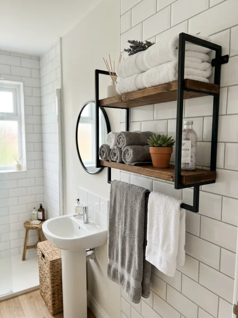 Small bathroom with wall mounted towel shelves maximizing storage while keeping towels accessible