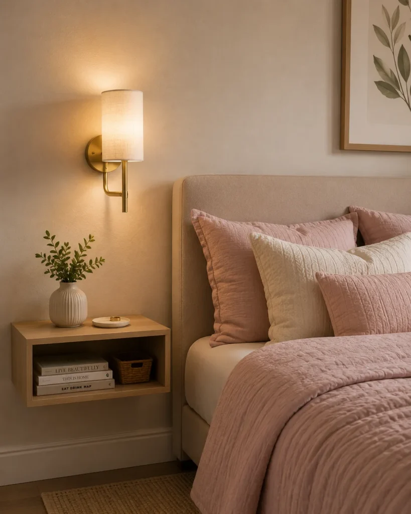 Small box room bedroom featuring wall sconces that free up bedside space and add warm ambient lighting