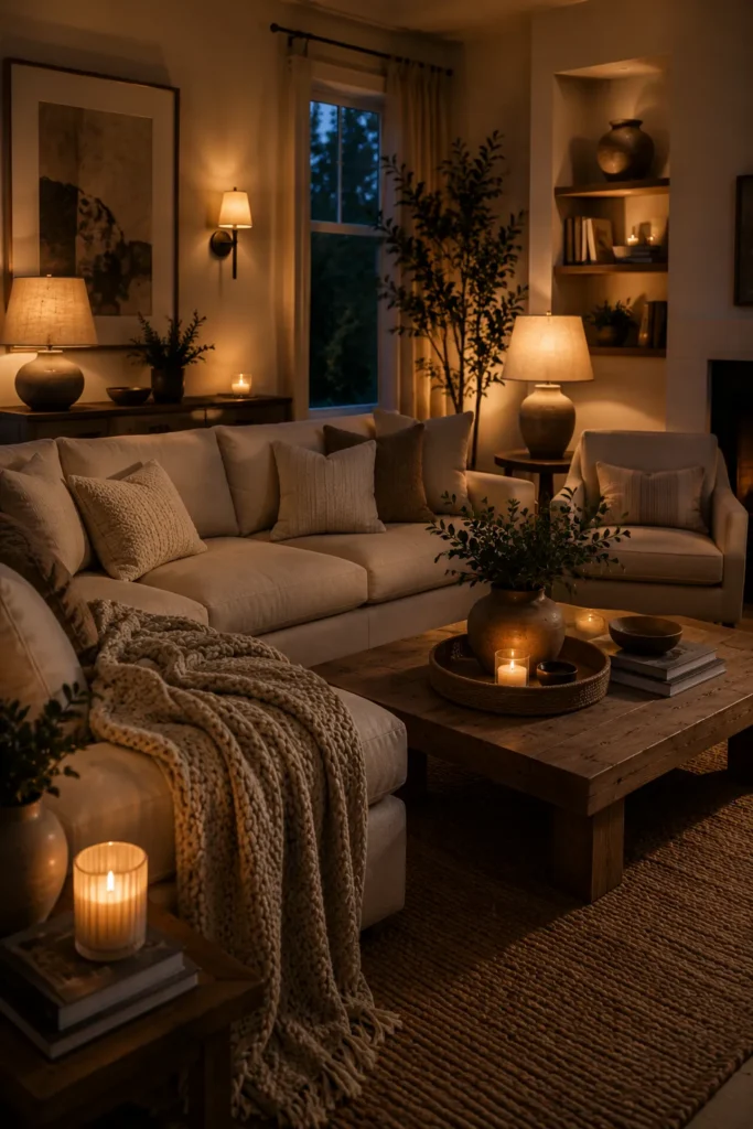 Cozy living room illuminated by warm ambient lighting, table lamps, and soft evening glow