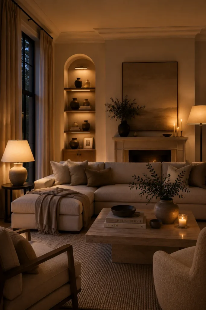 Warm ambient lighting in a quiet luxury living room featuring layered illumination, cozy atmosphere, and refined neutral decor