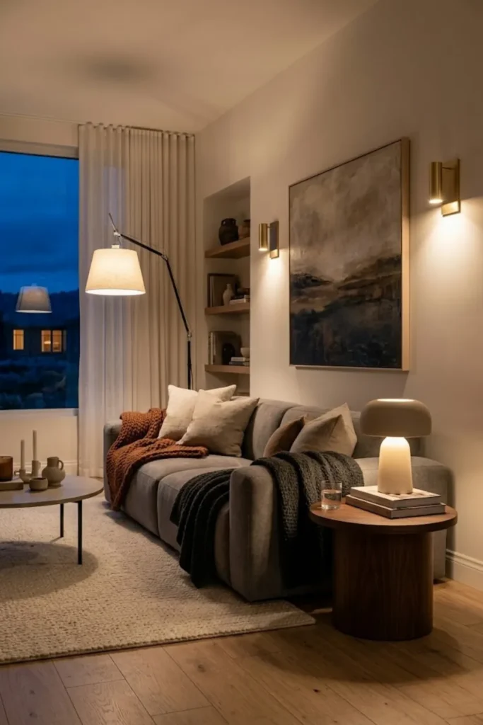 Modern living room illuminated by warm ambient lighting, table lamps, and cozy evening atmosphere