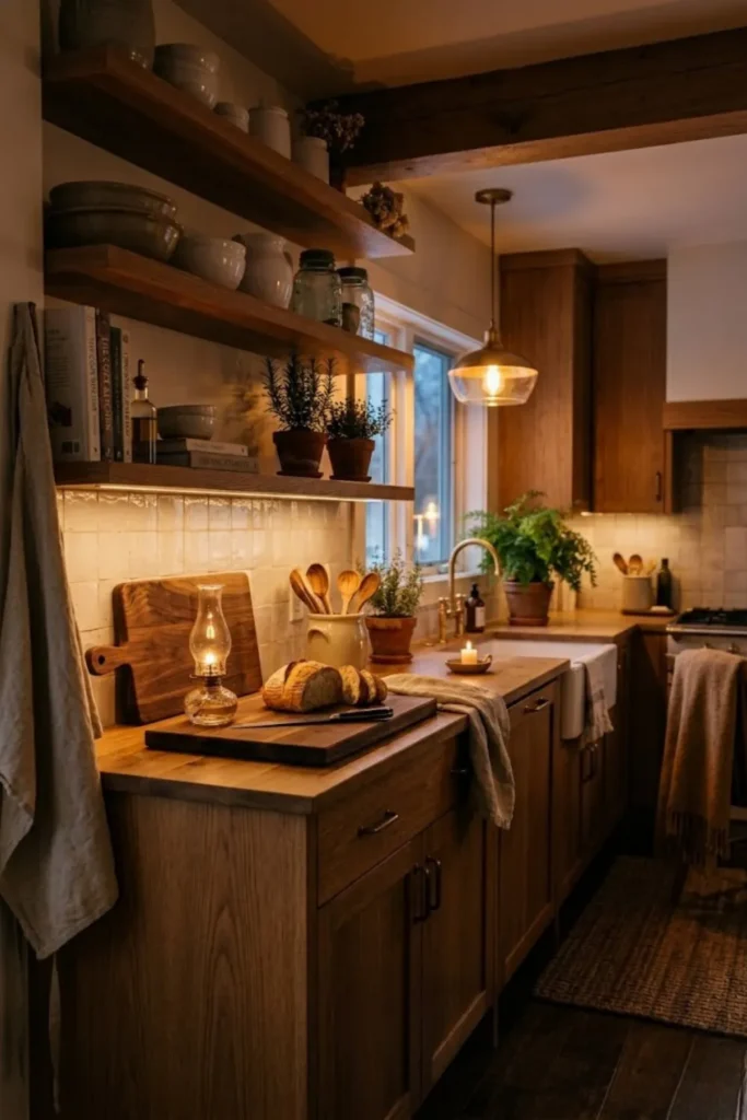 Warm kitchen lighting with soft pendant lights and inviting evening ambiance that enhances comfort and coziness.