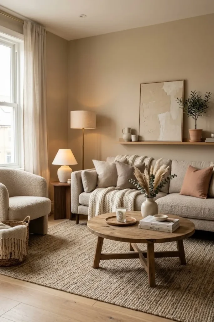 Modern living room with warm neutral color palette, beige seating, soft textures, and cozy contemporary decor