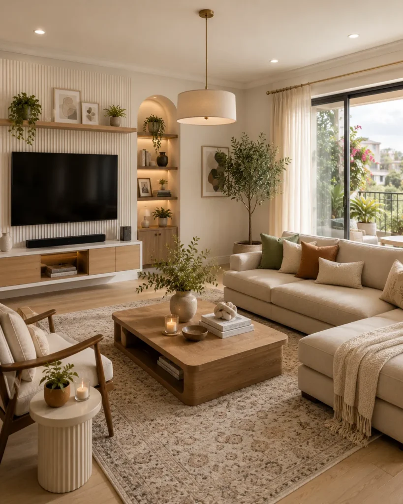 Quiet luxury living room with warm oak and walnut furniture, natural materials, and refined neutral decor