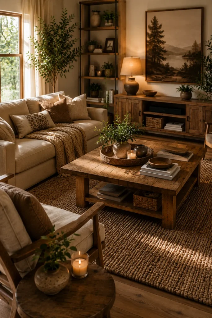 Warm living room featuring natural oak furniture, soft neutral decor, and inviting earthy tones