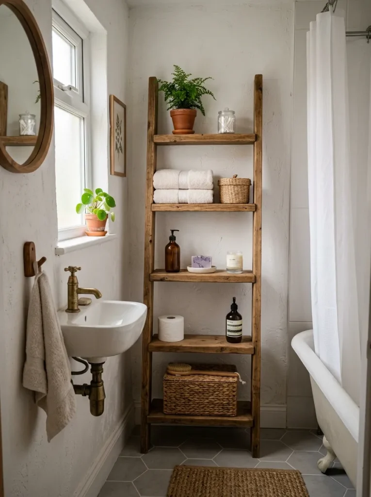 Small bathroom with wooden ladder shelves providing vertical storage while maintaining an open feel
