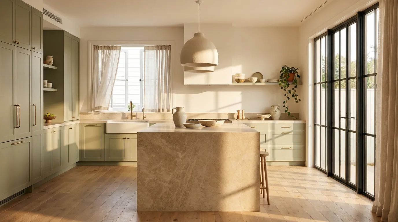 Sweeping view of a stylish modern kitchen with a stone waterfall island and sage cabinetry in a coastal Sydney home.