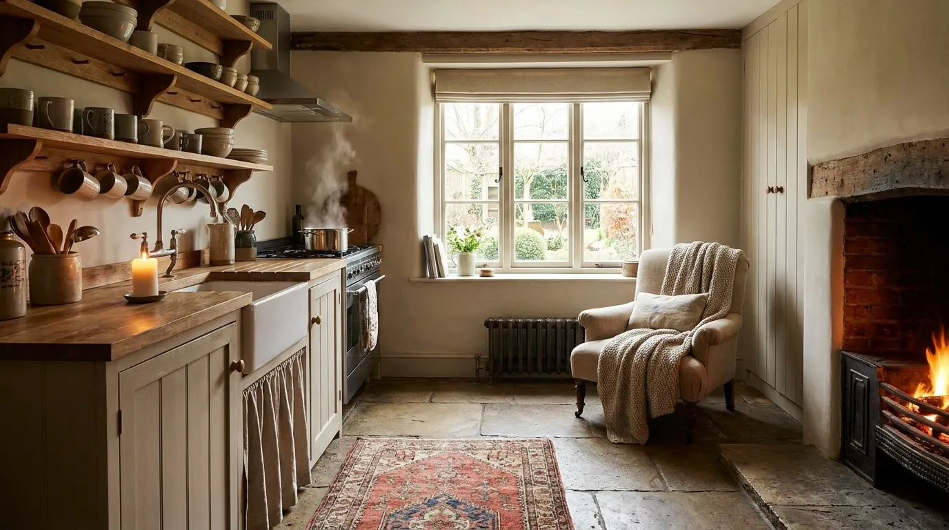 Cozy kitchen ideas featuring warm lighting, butcher block countertops, brass hardware, and welcoming farmhouse-inspired decor