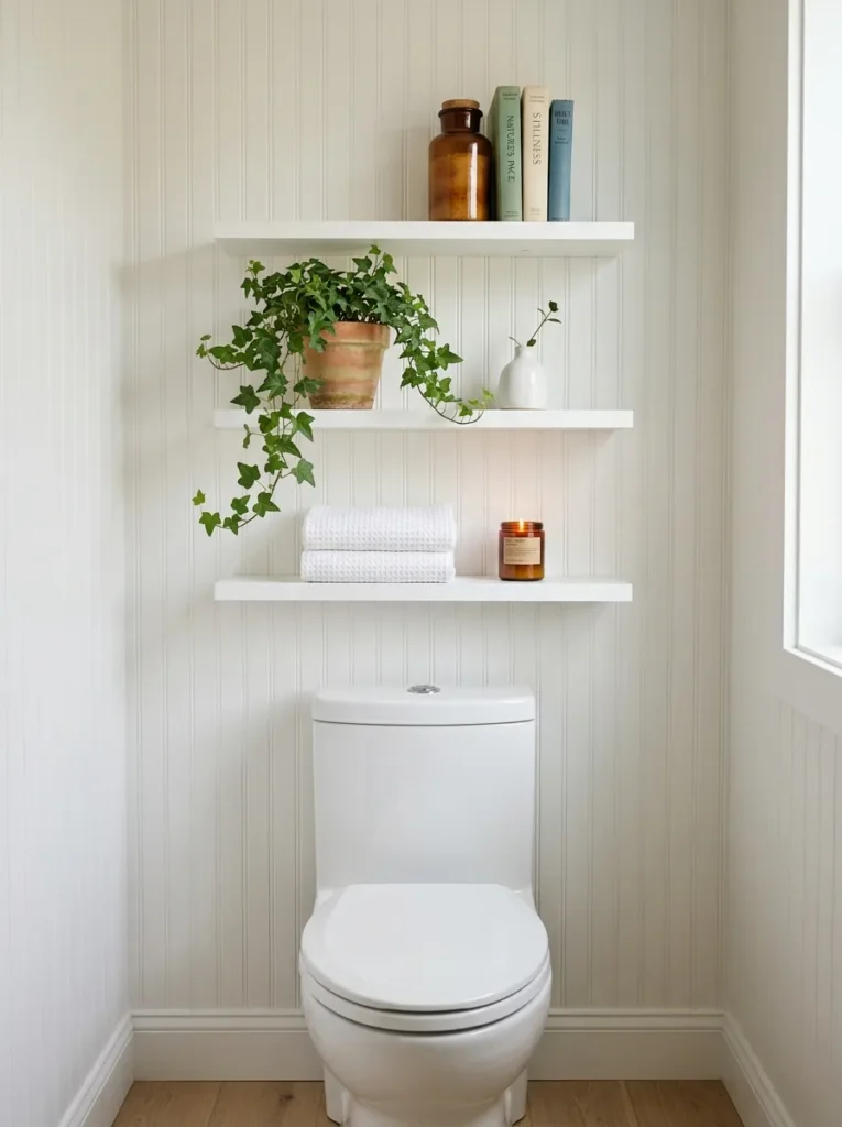 Three narrow floating white shelves above a toilet holding stacked white towels, potted trailing ivy, and amber glass candles in a white and wood bathroom