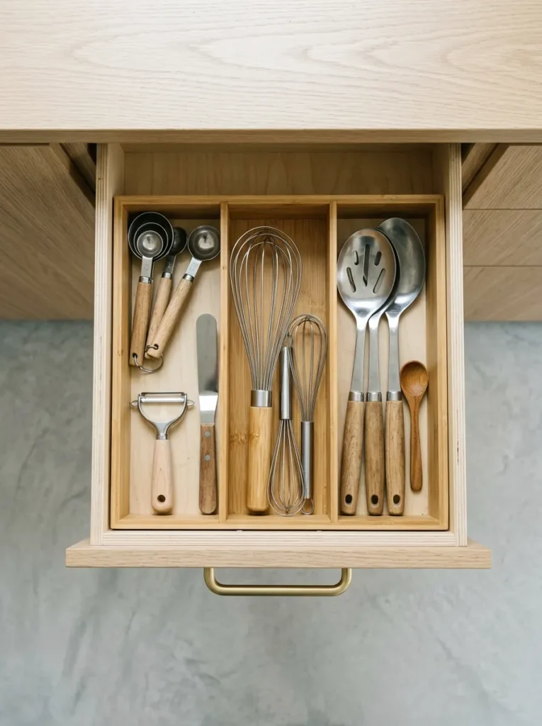 Open kitchen drawer with adjustable bamboo dividers organizing utensils and gadgets