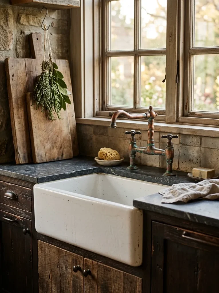 Rustic dark kitchen with aged copper faucet and bronze cabinet pulls