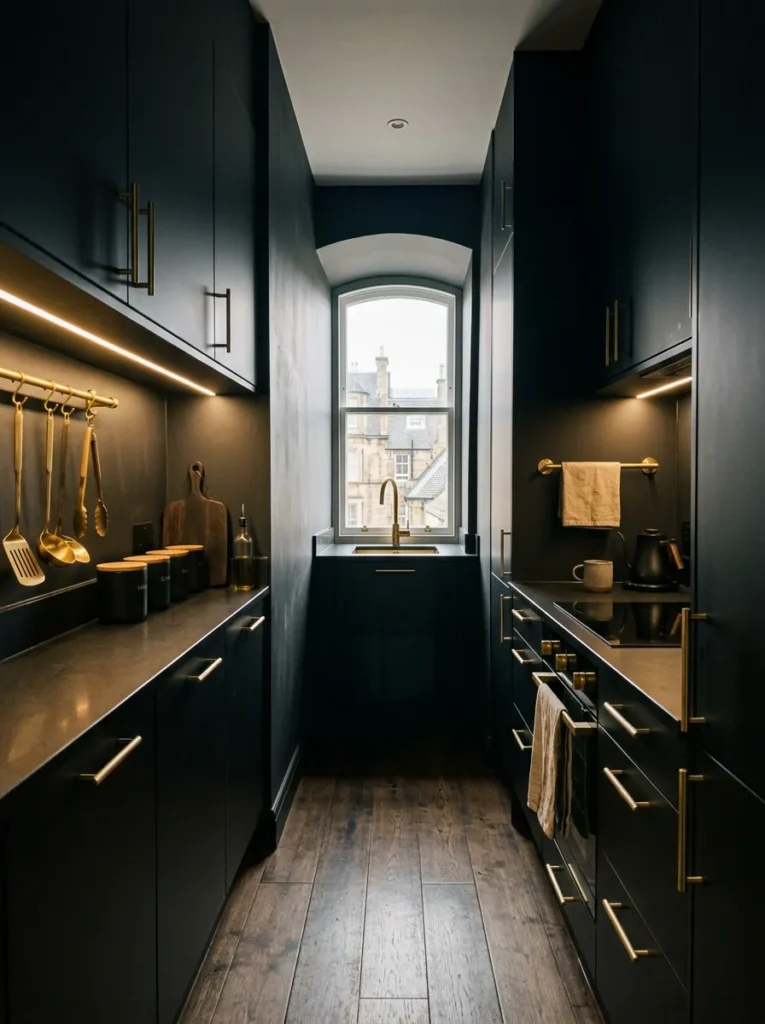 Fully black galley kitchen with brass hardware and warm under-cabinet lighting