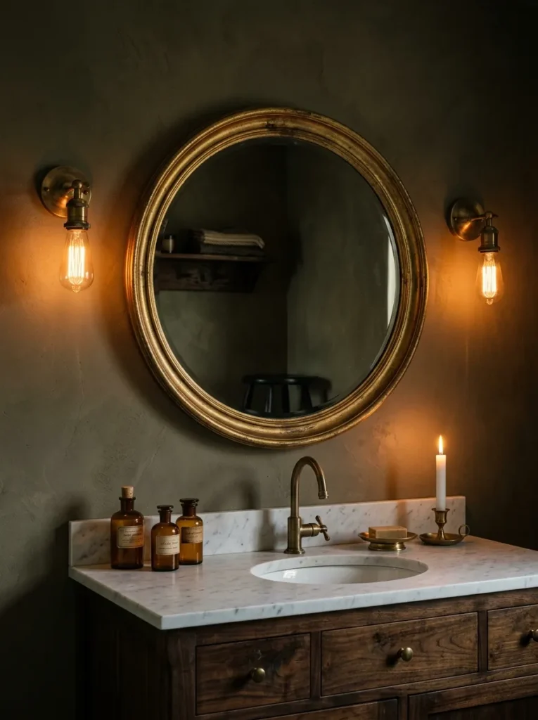 Bathroom vanity with two exposed Edison bulb wall sconces on a dimmer, casting warm amber light over a wooden vanity and round antique mirror
